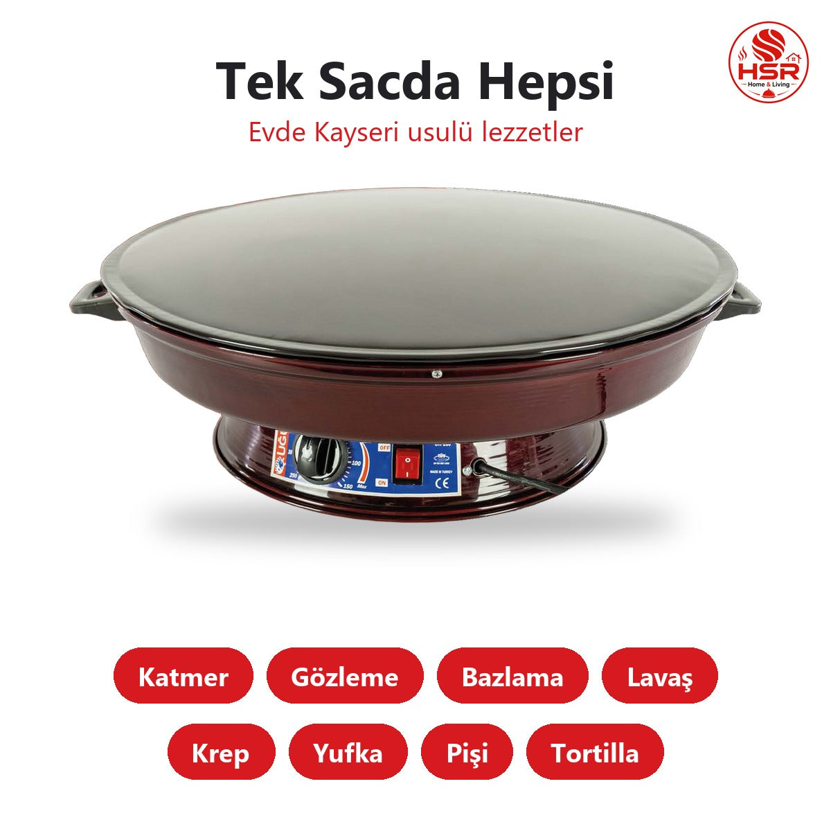 HSR Home Living Elektrikli Termostatlı Katmer Sacı 2000W Emaye Gözleme Bazlama Lavaş Sacı