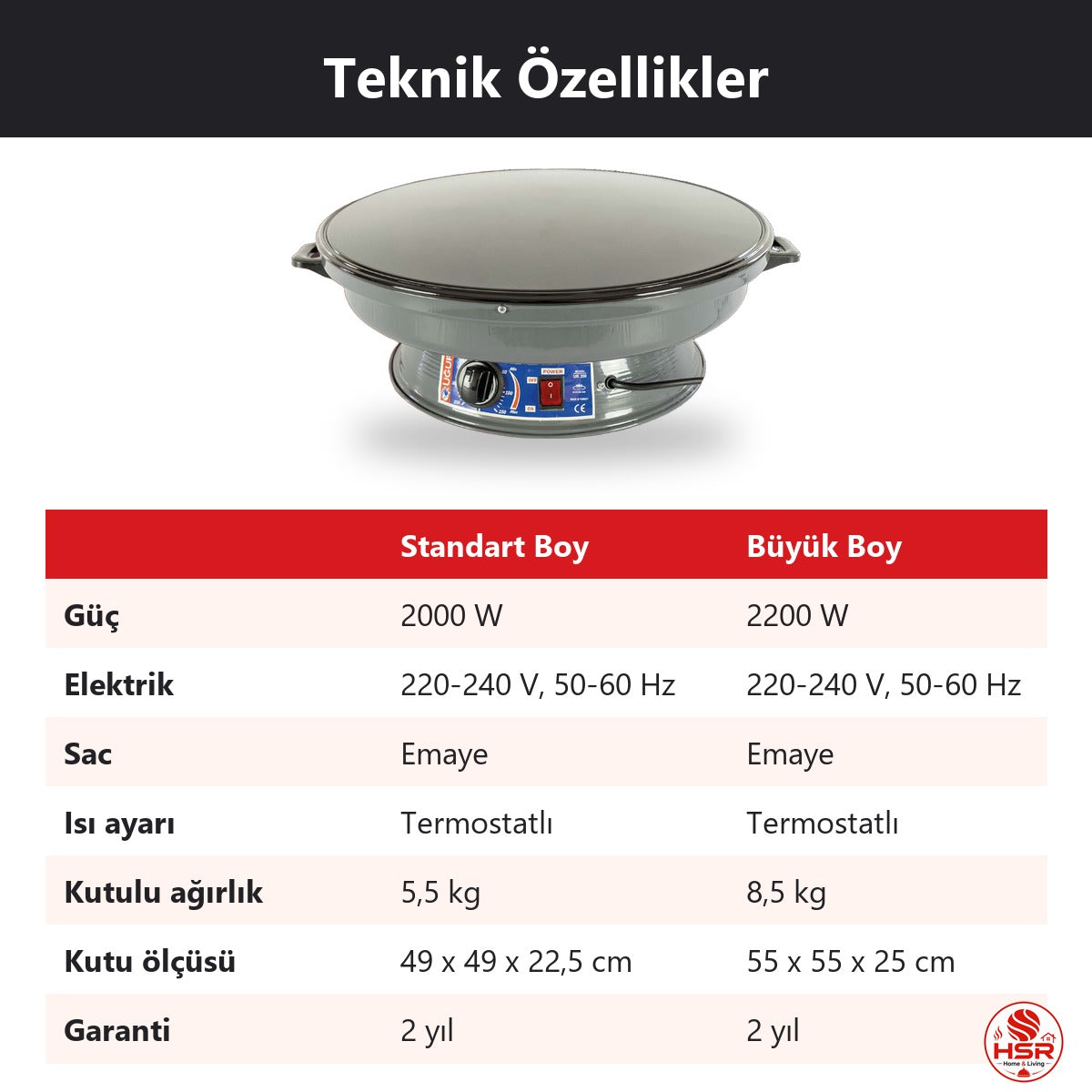 HSR Home Living Elektrikli Termostatlı Katmer Sacı 2000W Emaye Gözleme Bazlama Lavaş Sacı