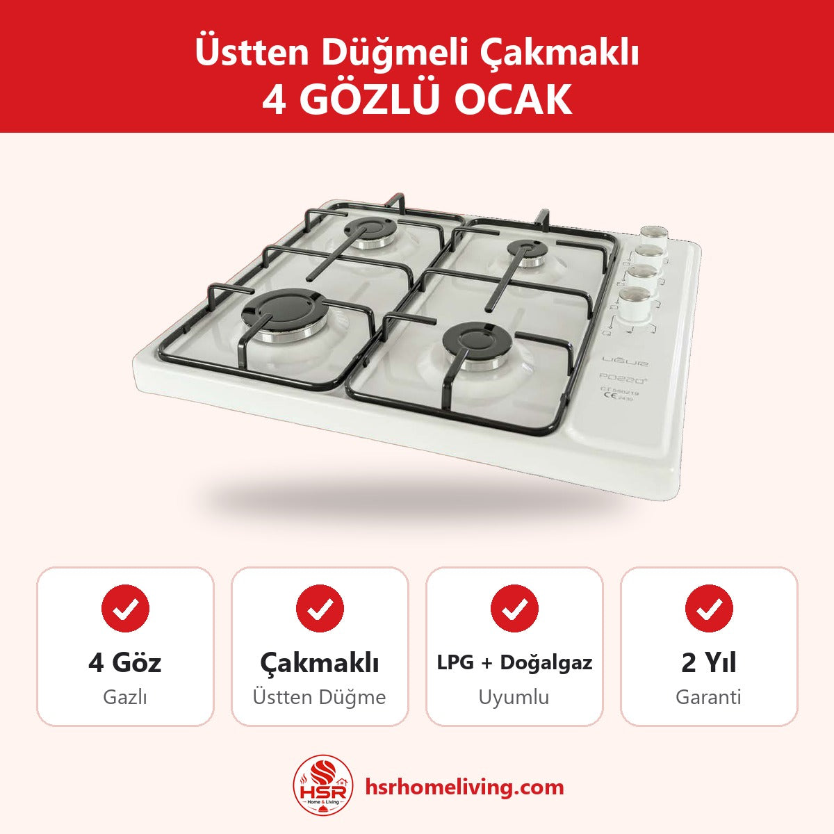 Üstten Düğmeli Çakmaklı 4'lü Ocak - HSR Home Living
