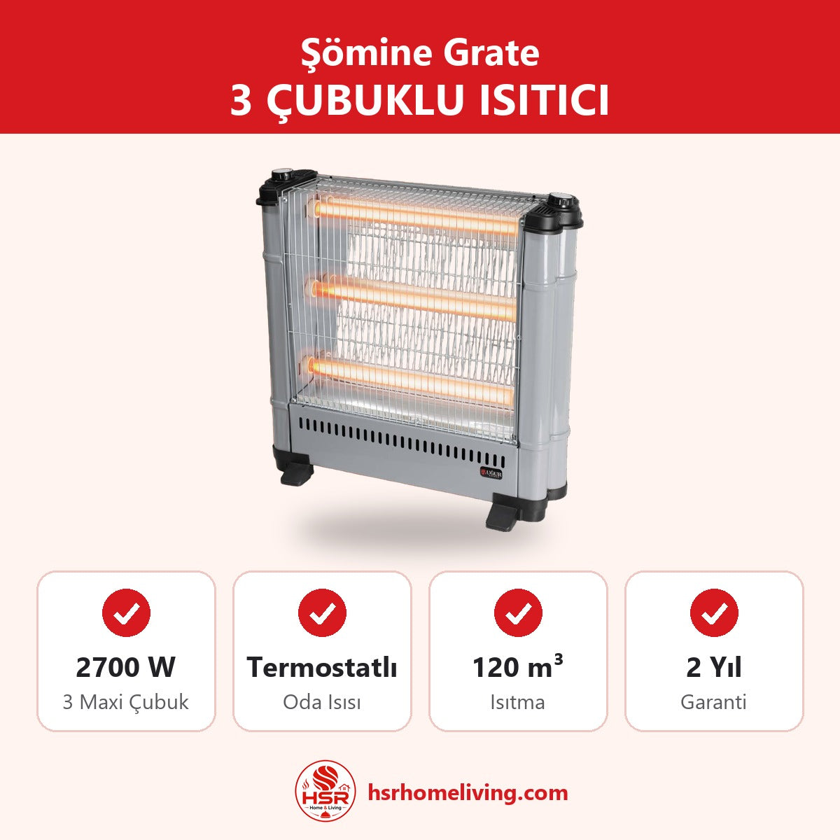 Şömine Grate 3 Çubuklu Isıtıcı - HSR Home Living